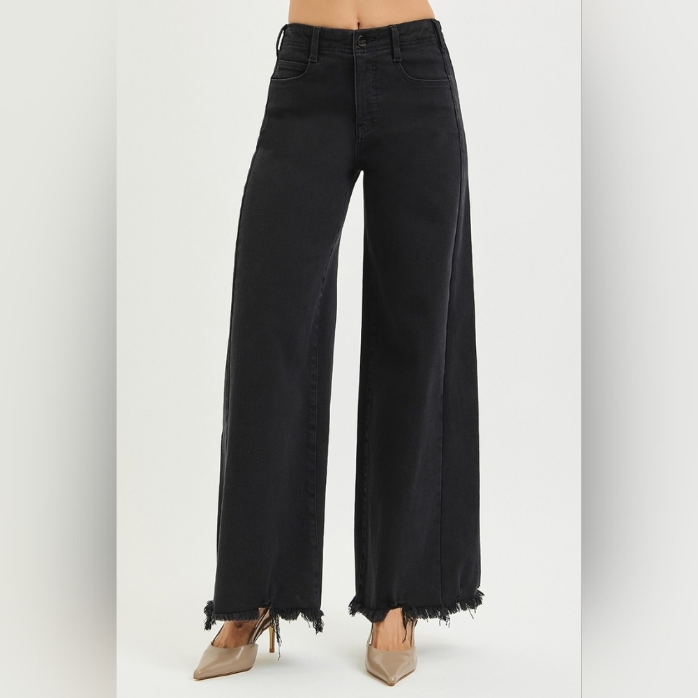 RISEN HR Tummy Control Black Palazzo Jeans Wide Leg Distressed Hems Various NEW - Picture 5 of 12